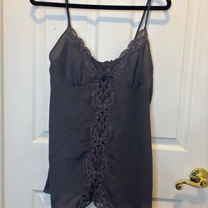 Vintage Y2K Victoria's Secret Gold Label Charcoal Lace-Trim Satin Chemise
